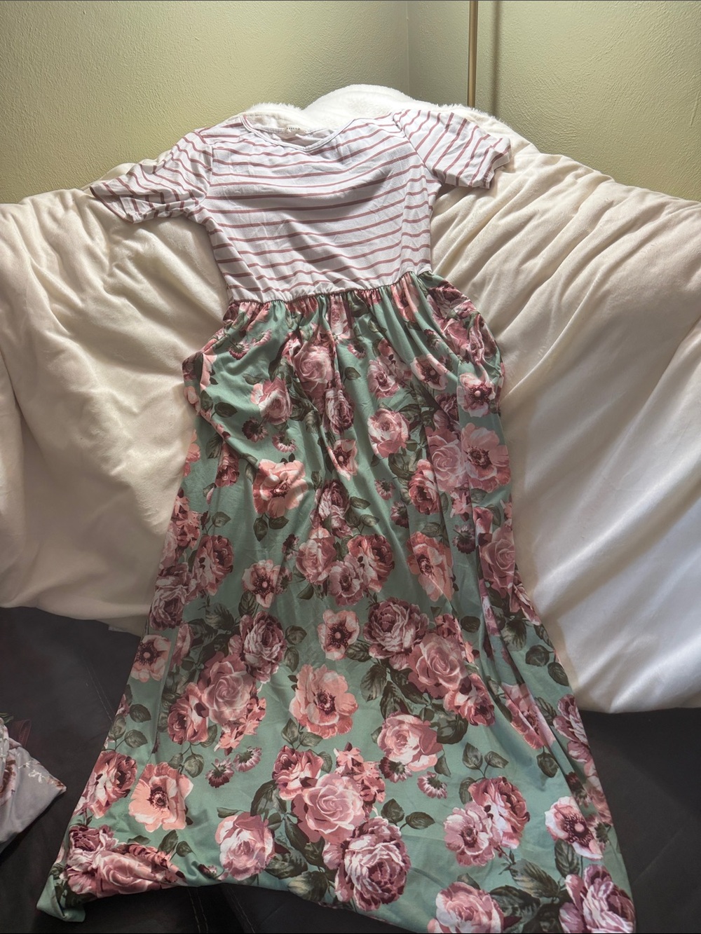 Pink Floral Maxi Dress with Striped Bodice